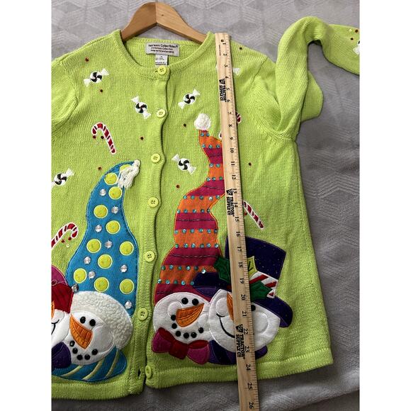 Vintage Christmas Sweater Size M Green Button Up Cardigan Snowmen Candy Cane - Picture 6 of 6